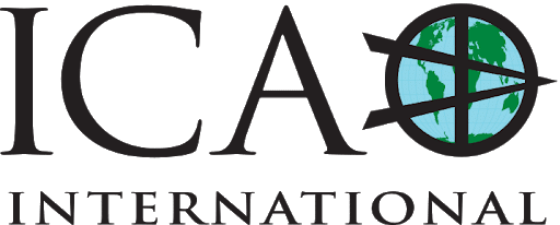 ICA International logo with large serif text and a circular globe icon featuring green landmasses and black lines.