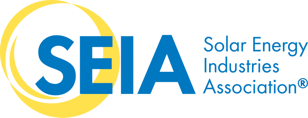 SEIA logo featuring a yellow circular icon and blue text, Solar Energy Industries Association® .