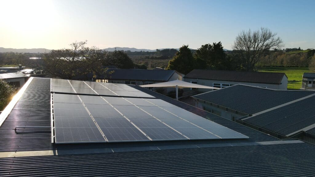 S-5-SpT clamp and PVKIT on Rotokauri Schools solar array overhead photo.