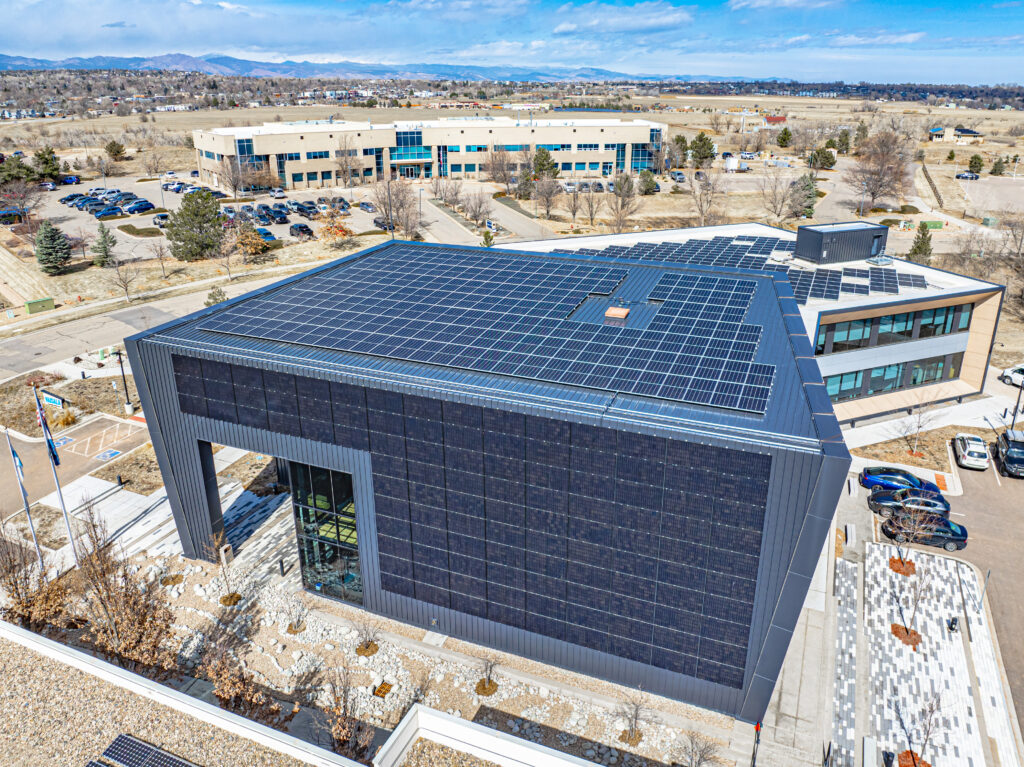 Vertical solar PV array on the office building.