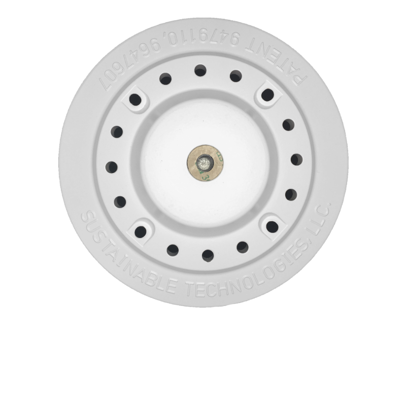 The FacetMount roof mount disc features holes for roofing screws, allowing for easy installation on a low-slope rooftop.