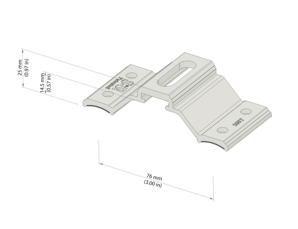Isometric technical drawing of a metal component showing dimensions: 76mm length, 25mm width, and 14.5mm slot height.