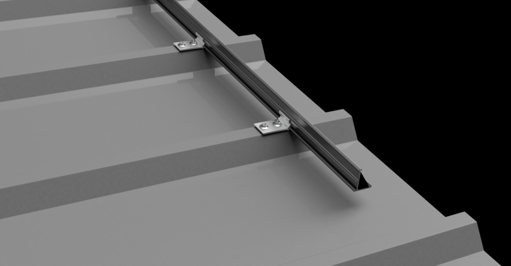A metallic rail mounted to a grey corrugated surface with small metal brackets and bolts.